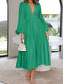 Deep V-Neck Balloon Sleeve Plain Maxi Dress Green - Fashorio