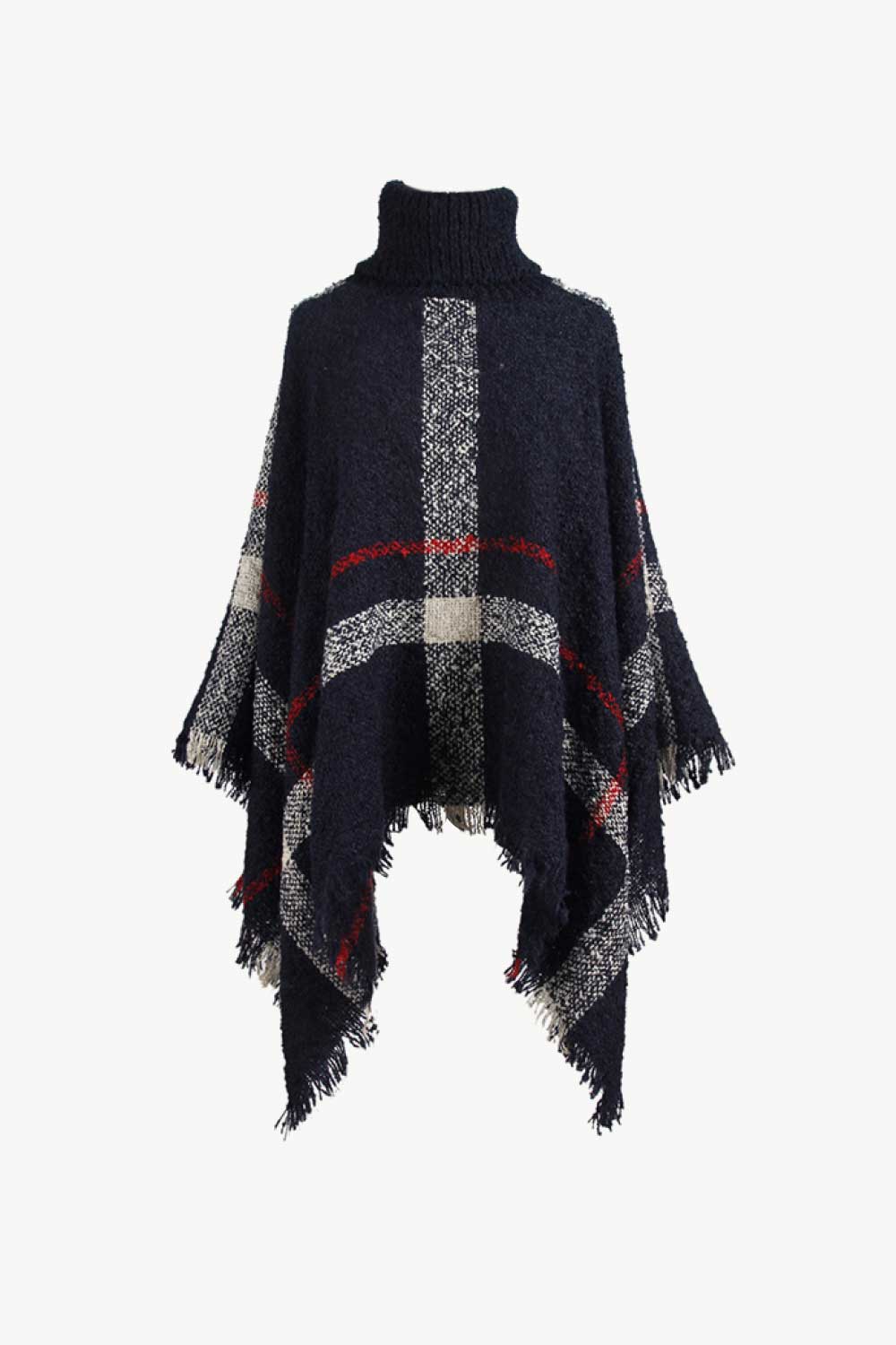 Plaid Turtleneck Raw Hem Poncho Navy One Size - Fashorio
