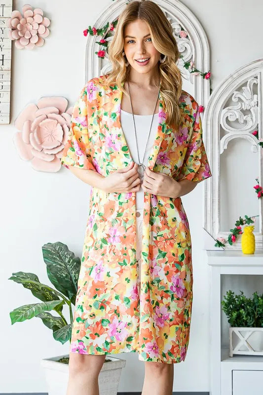 Heimish Full Size Half Sleeve Multi Color Floral Open Cardigan Plus Size - Fashorio