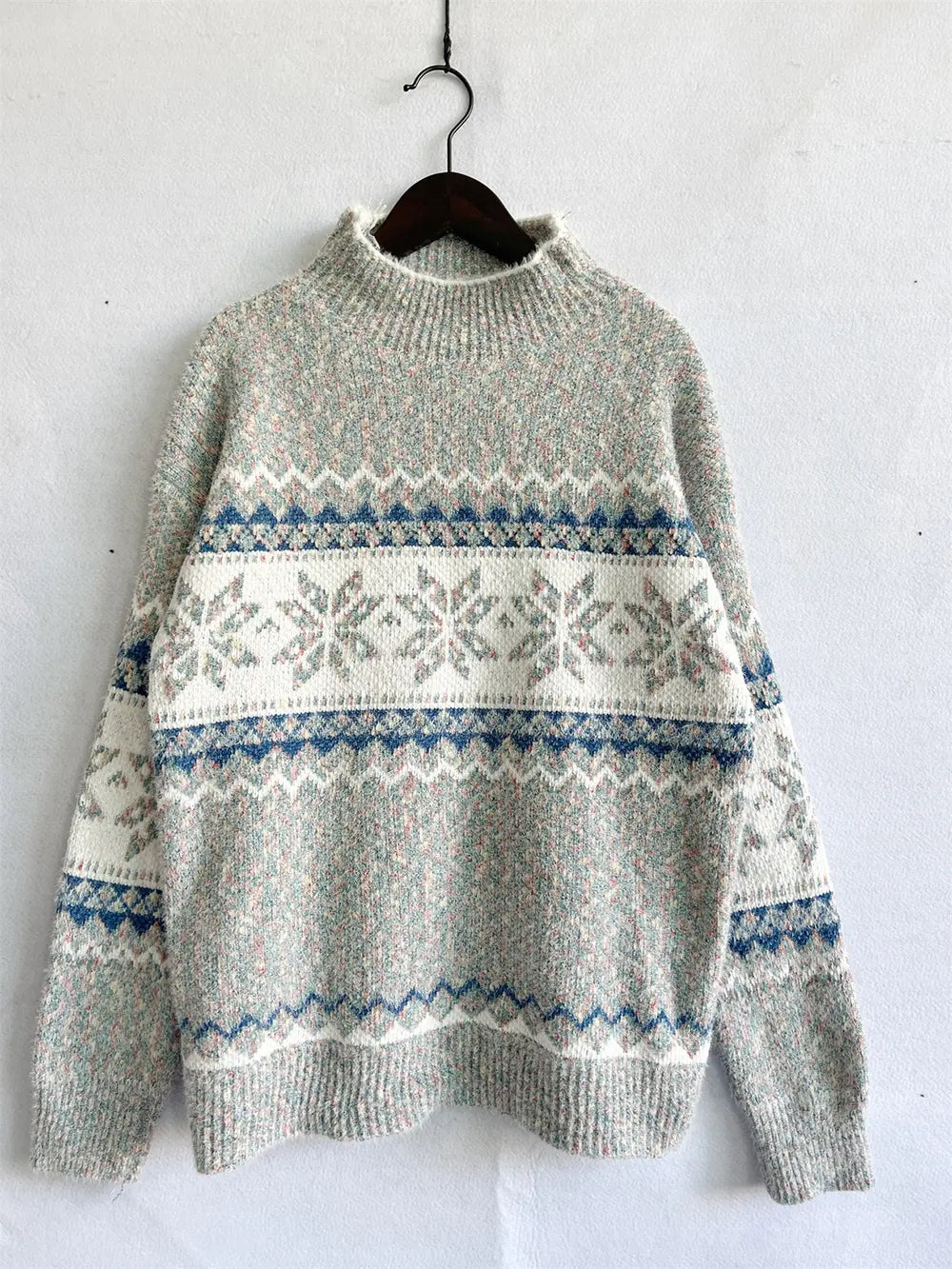 Geometric Mock Neck Dropped Shoulder Sweater - Fashorio