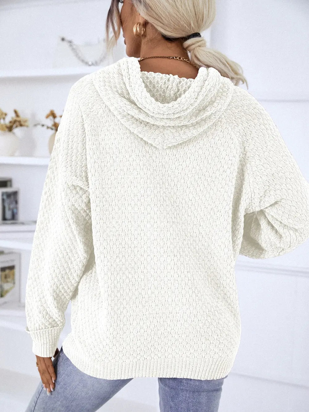 Texture Drawstring Long Sleeve Hooded Sweater - Fashorio