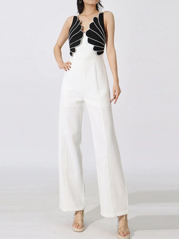 Contrast Sleeveless Wide-Leg Jumpsuit White - Fashorio