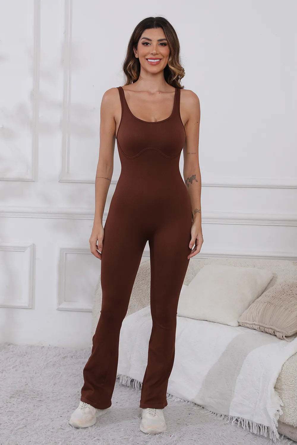 Scoop Neck Wide Strap Active Jumpsuit - Fashorio