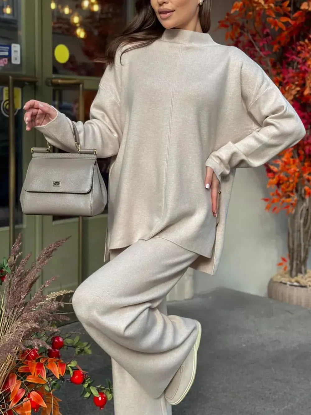 Slit Mock Neck Top and Pants Sweater Set - Fashorio
