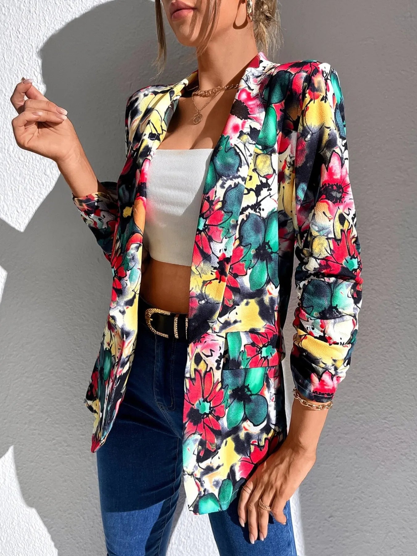 Vibrant Floral Print Open Front Blazer - Fashorio