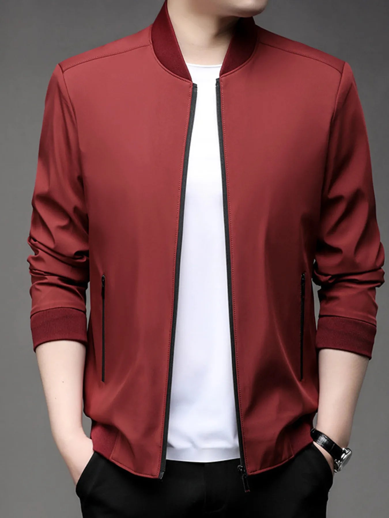 Men's Plus Size Full Zip Front Closure Bomber Jacket with Pockets Red - Fashorio