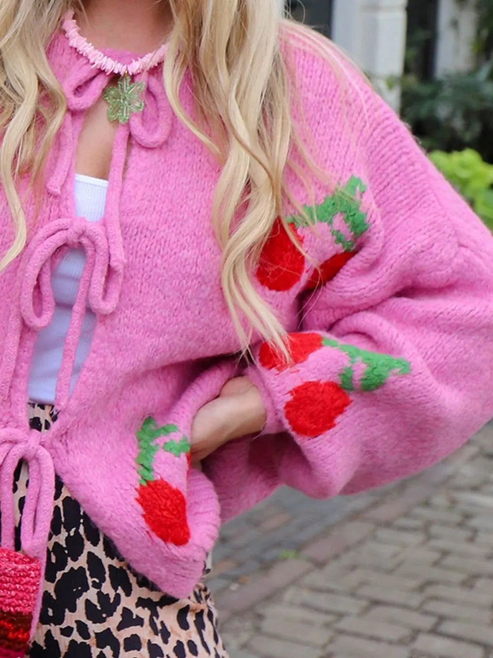 Tied Cherry Round Neck Long Sleeve Cardigan - Fashorio