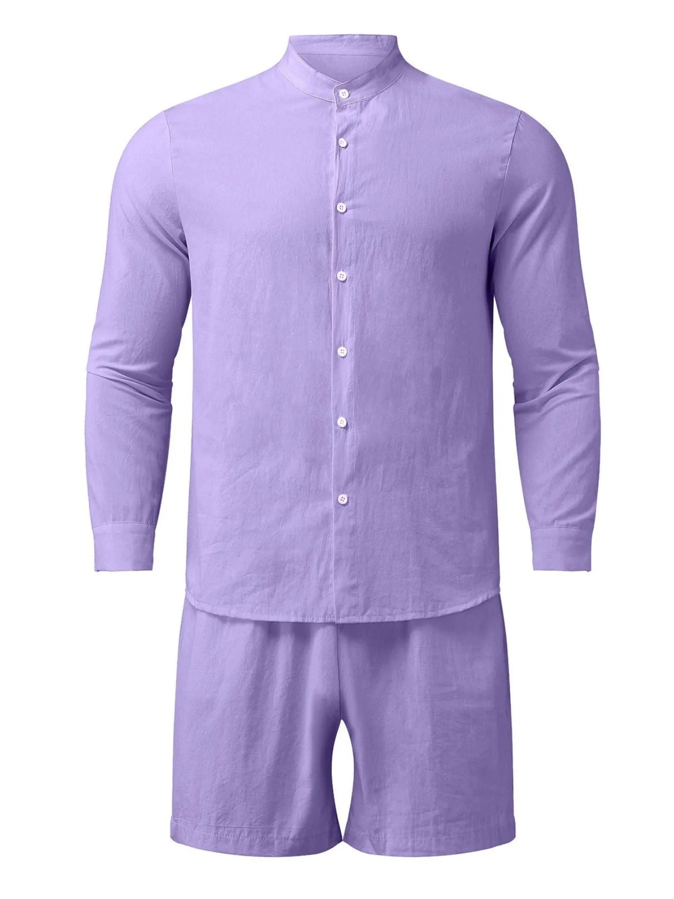 Men's Full Size Button Up Long Sleeve Shirt and Shorts Set Plus Size Purple - Fashorio