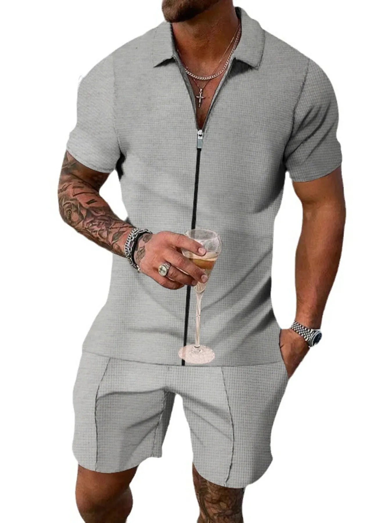 Men's Plus Size Zip Up Short Sleeve Top and Shorts Set Light Gray - Fashorio