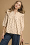Umgee Bow Print Corduroy Puff Sleeve Blouse with Ruffled OATMEAL - Fashorio