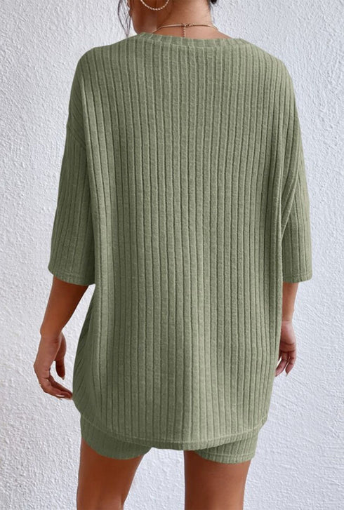 Round Neck Ribbed Top and Shorts Lounge Set - Fashorio
