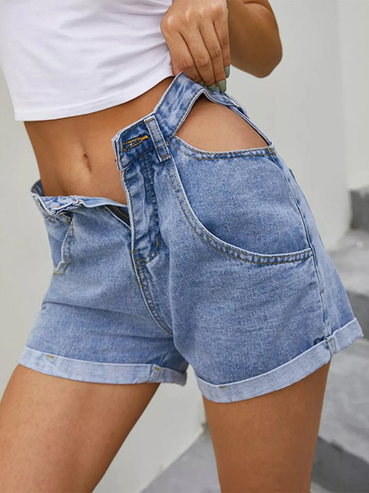 High-Waisted Cutout Denim Shorts Blue - Fashorio