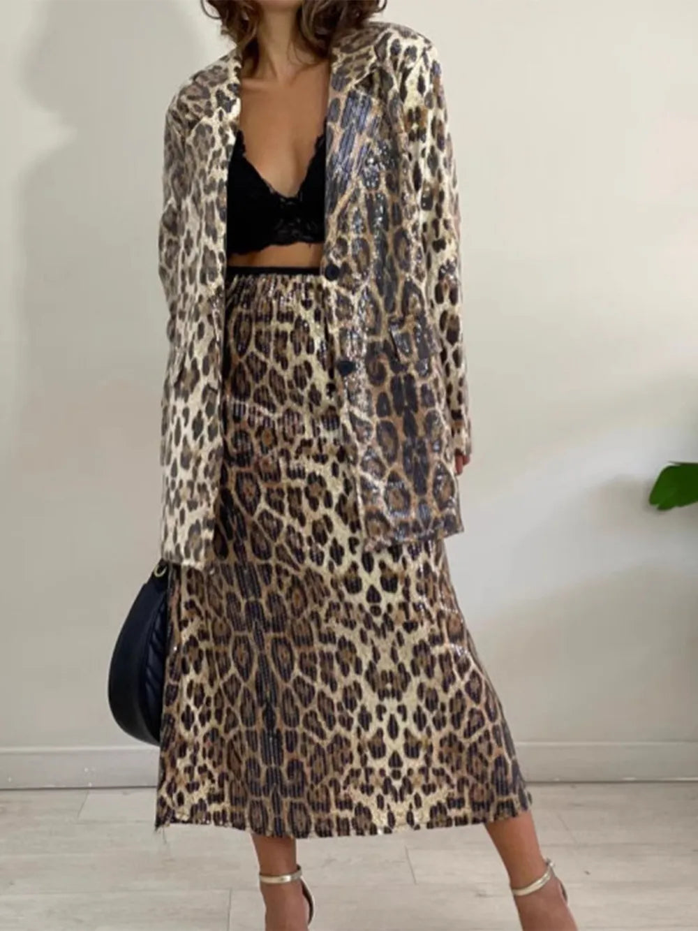 Leopard Lapel Collar Long Sleeve Longline Blazer - Fashorio