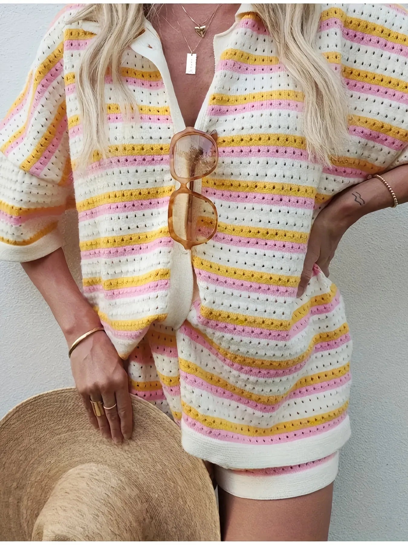 Colorful Striped Button Up Top and Shorts Sweater Set - Fashorio