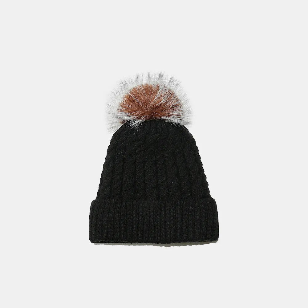 Cable Knit Winter Hat with Pompom Black One Size - Fashorio