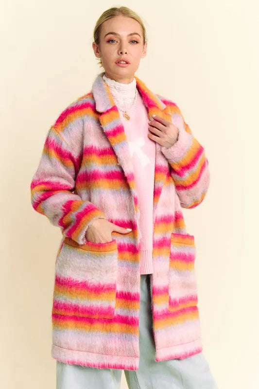 Davi & Dani Contrast Striped Open Front Coat with Pockets - Fashorio