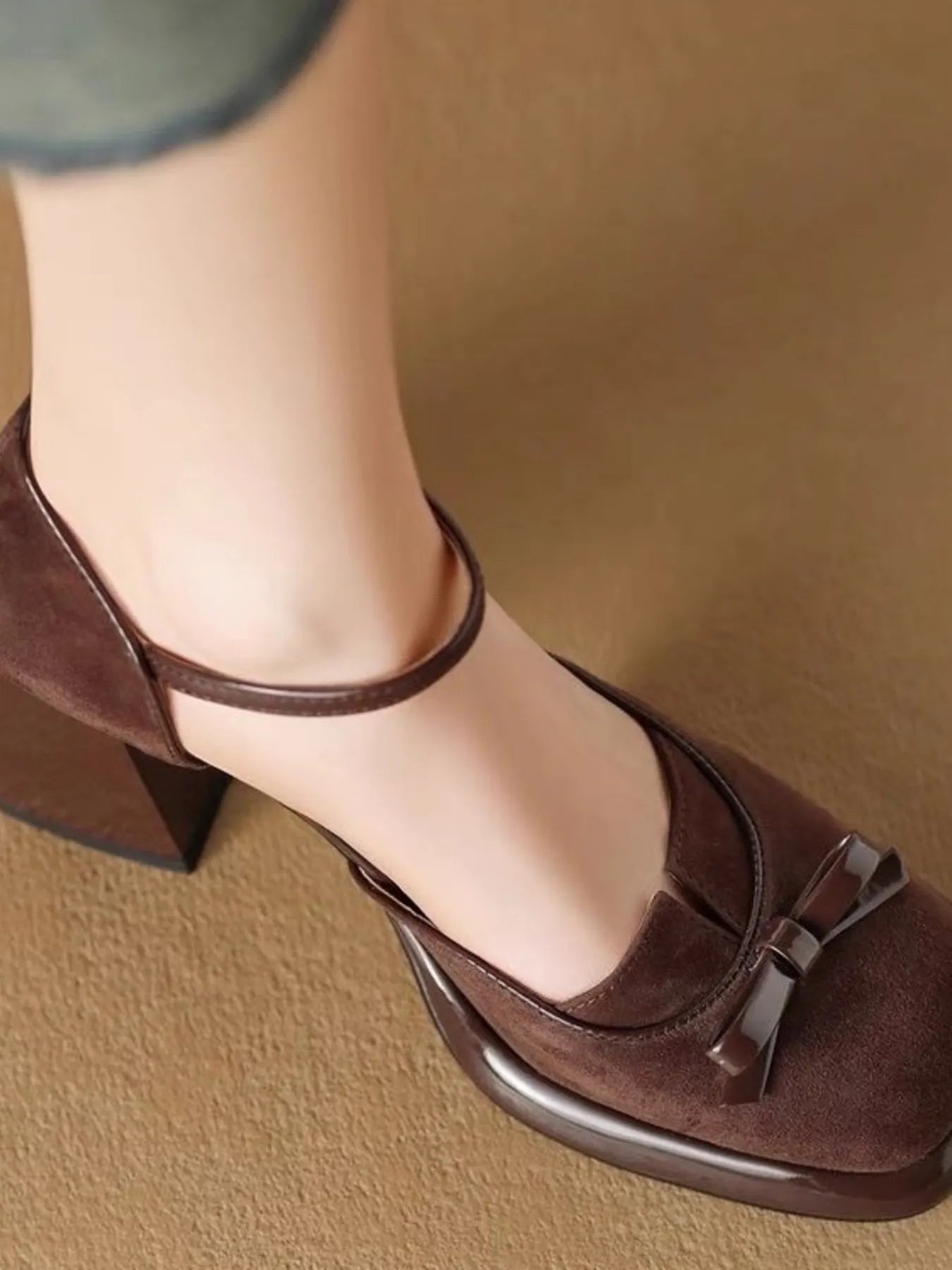 Bow Block Heel Ankle Strap Pumps Brown - Fashorio