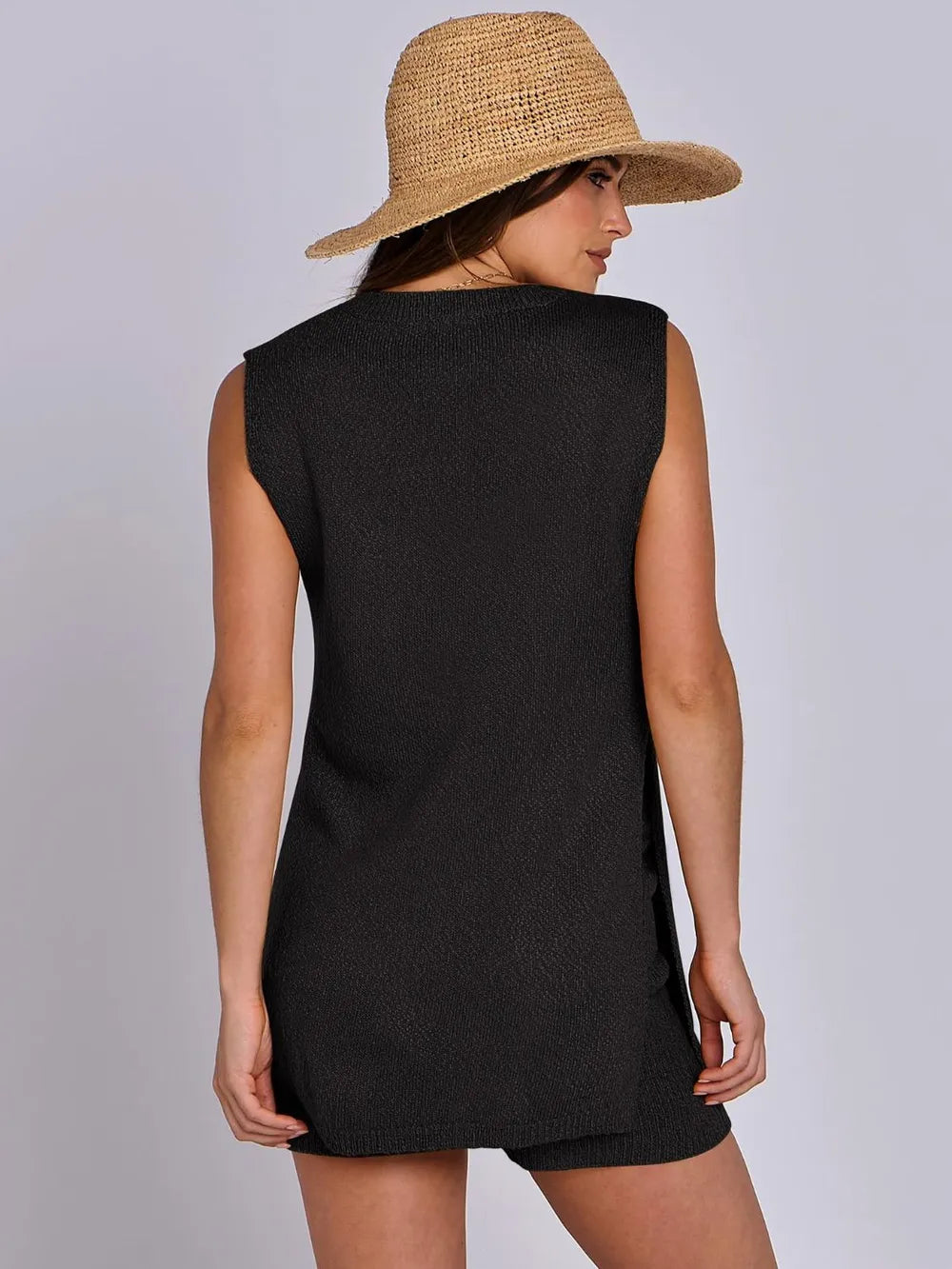 Side Slit Round Neck Tank and Ribbed Shorts Sweater Set - Fashorio