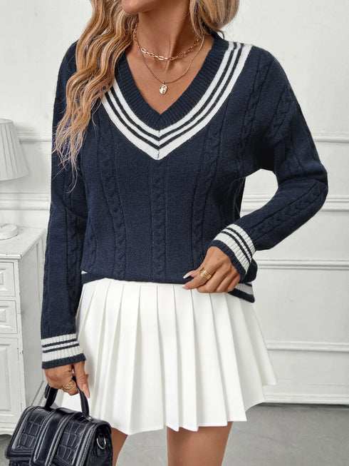 Contrast Striped V-Neck Sweater - Fashorio