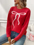 Bow Graphic Ribbed Hem Round Neck Sweater - Fashorio