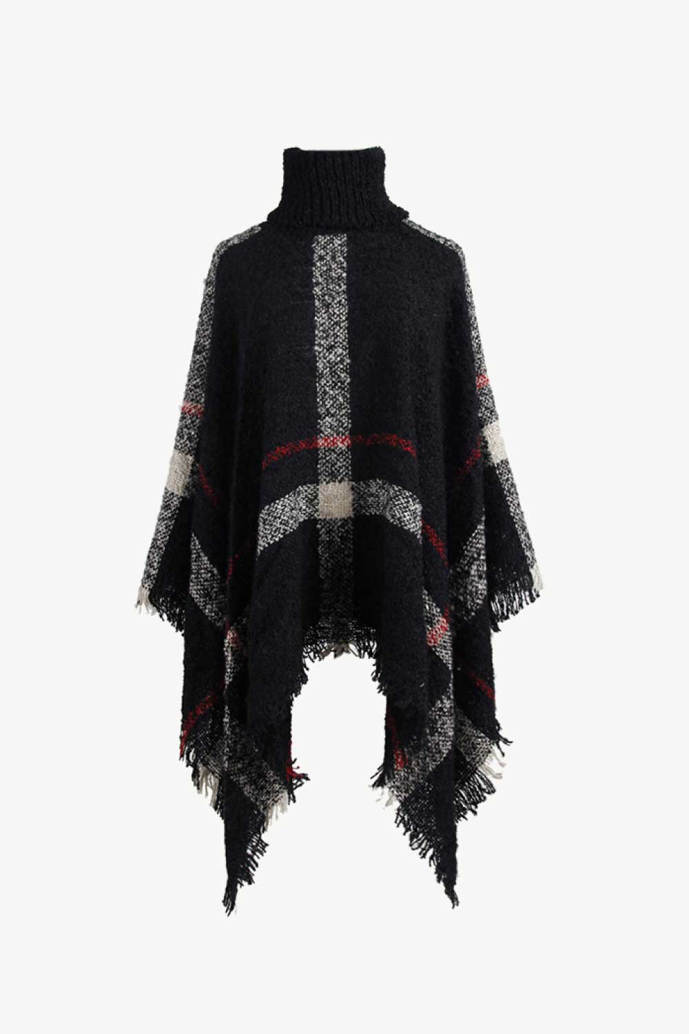 Plaid Turtleneck Raw Hem Poncho Black One Size - Fashorio