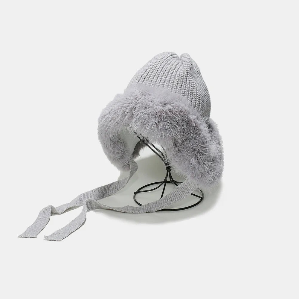 Thermal Tied Fuzzy Winter Hat Gray One Size - Fashorio