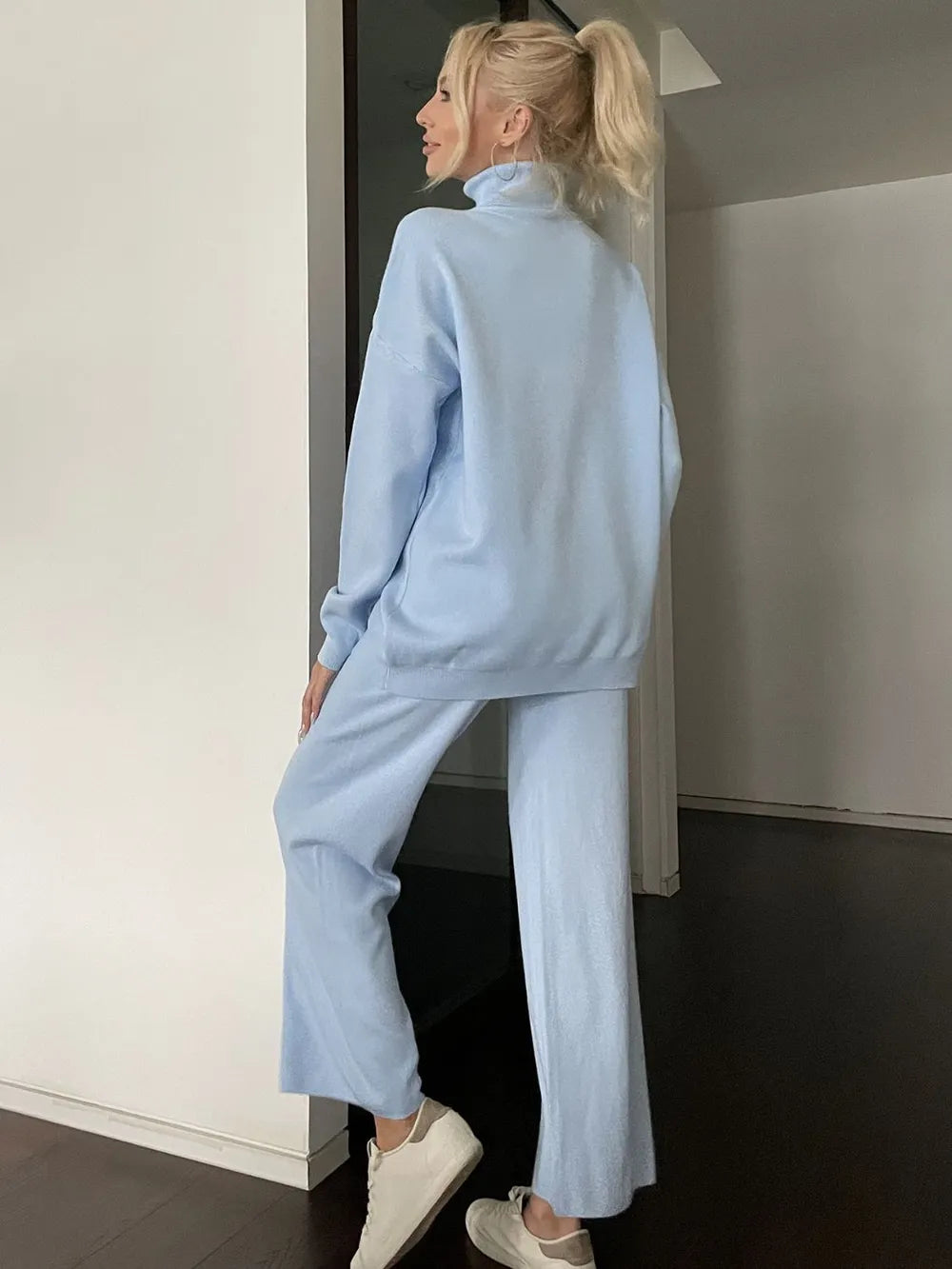 Turtleneck Long Sleeve Top and Drawstring Pants Sweater Set - Fashorio