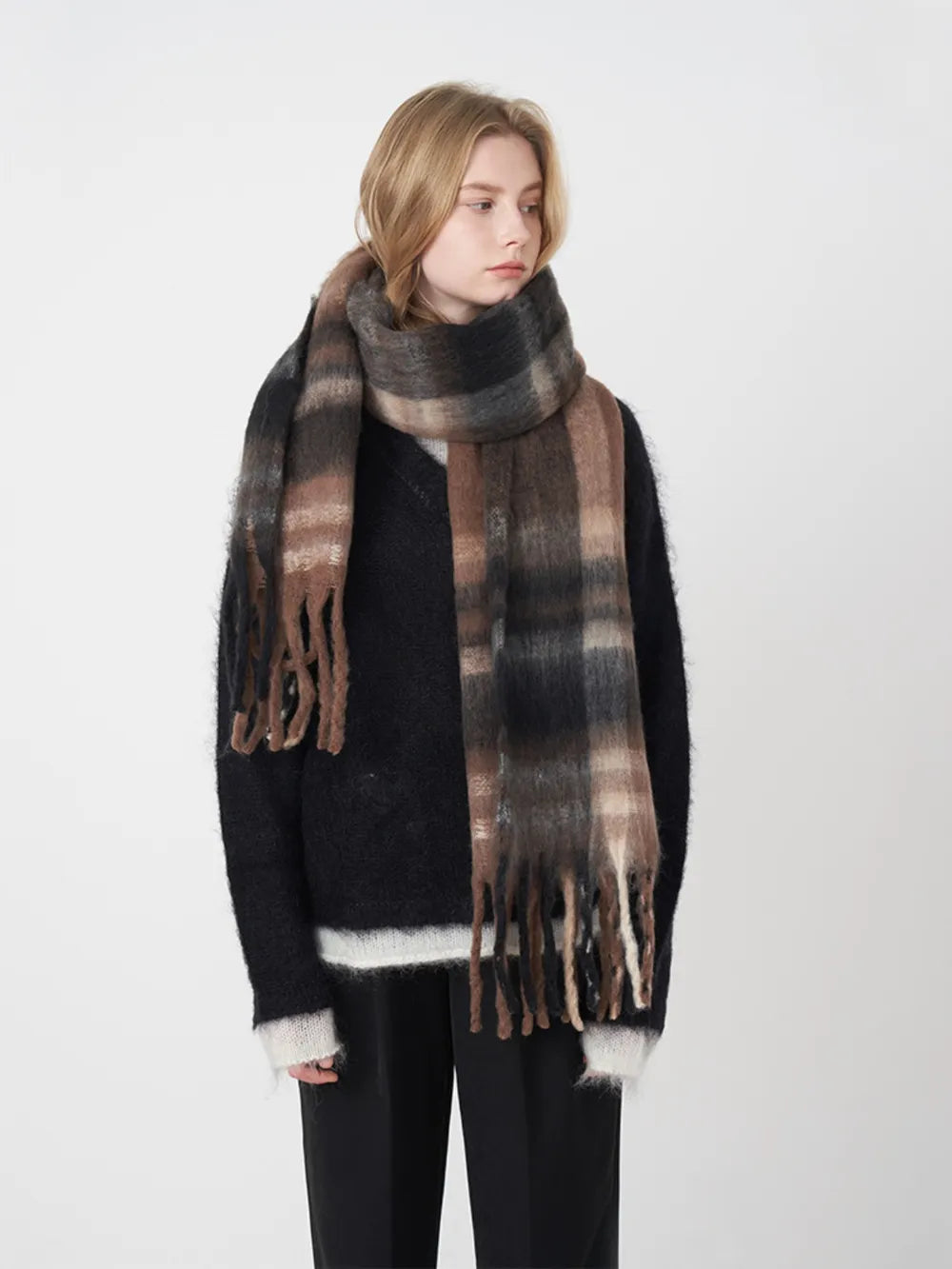 Fringe Plaid Polyester Scarf Brown One Size - Fashorio
