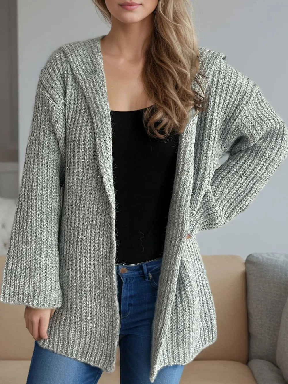 Sequin Detail Long Sleeve Hooded Cardigan Dark Gray One Size - Fashorio