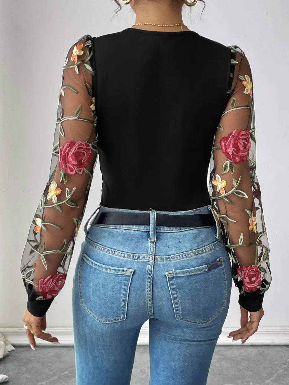 Perfee Embroidered V-Neck Long Sleeve Bodysuit - Fashorio