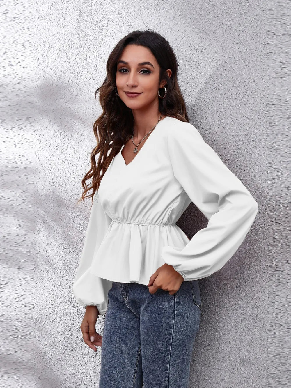 V-Neck Balloon Sleeve Peplum Blouse - Fashorio