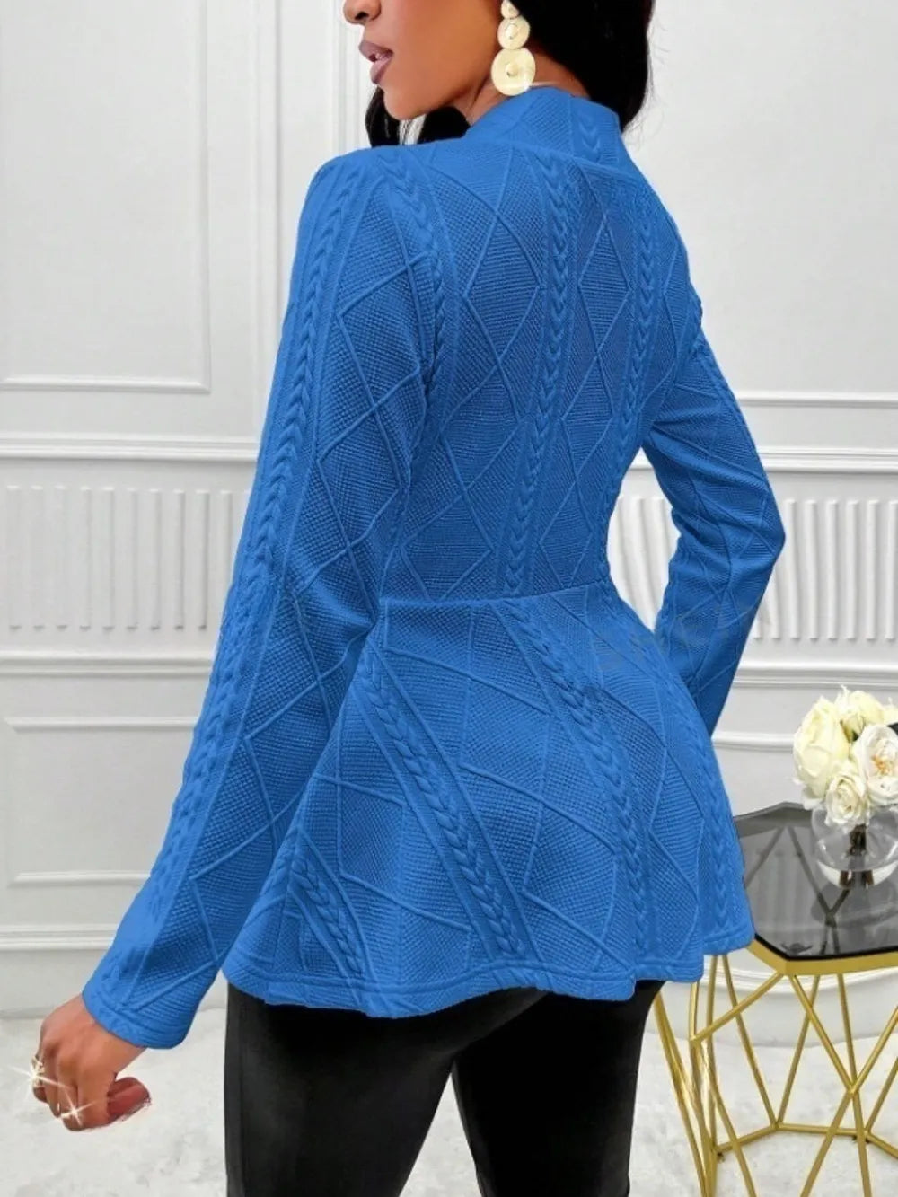 One Button Textured Peplum Cardigan - Fashorio