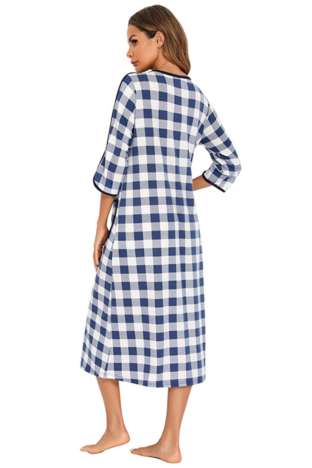 Round Neck Three-Quarter Sleeve Midi Night Dress - Fashorio