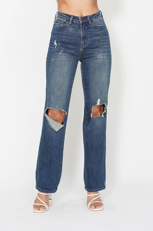 Judy Blue Full Size Hw Ripped Knee Dad Jeans Plus Size DK - Fashorio
