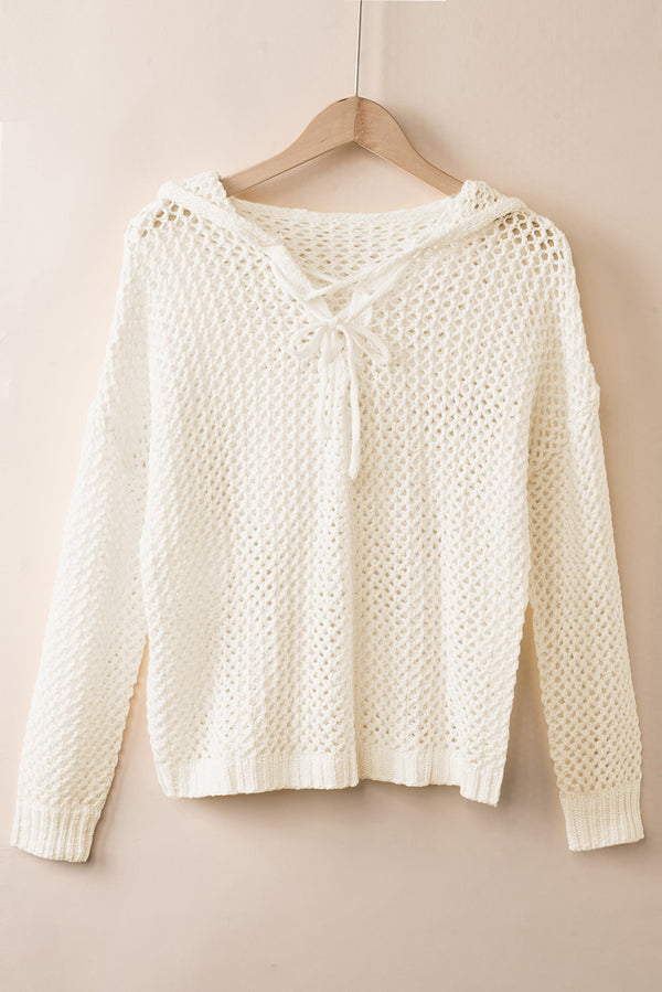 Openwork Lace-Up Hooded Sweater Cream - Fashorio