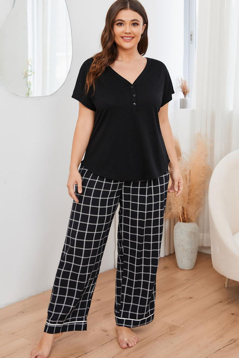 Plus Size V-Neck Top and Plaid Pants Lounge Set - Fashorio