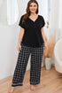 Plus Size V-Neck Top and Plaid Pants Lounge Set - Fashorio