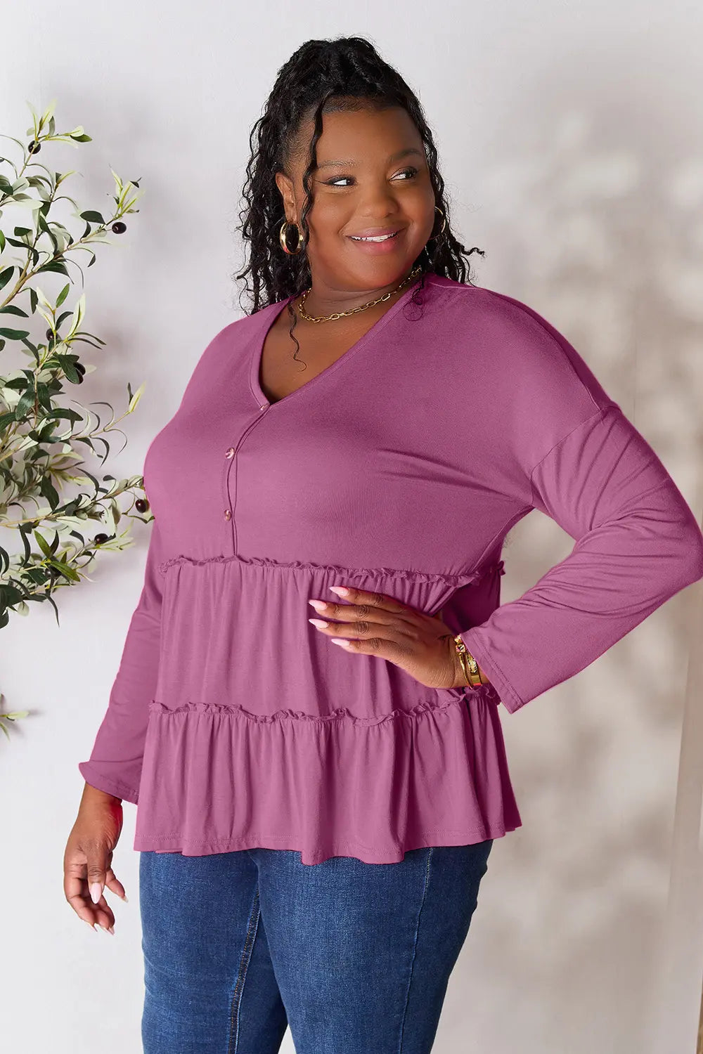 Double Take Half Button Long Sleeve Ruffle Hem Blouse - Fashorio