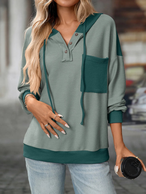 Drawstring Button Detail Long Sleeve Hoodie Green - Fashorio