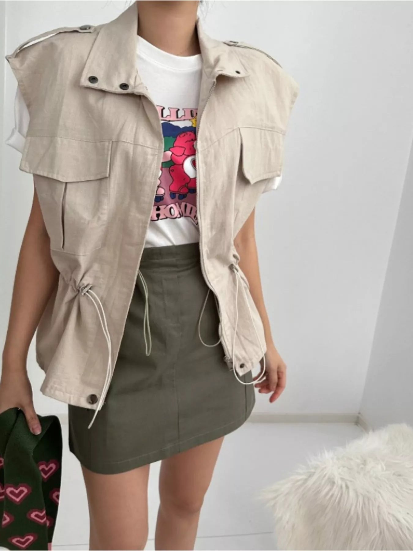 Drawstring Zip Up Vest Coat - Fashorio