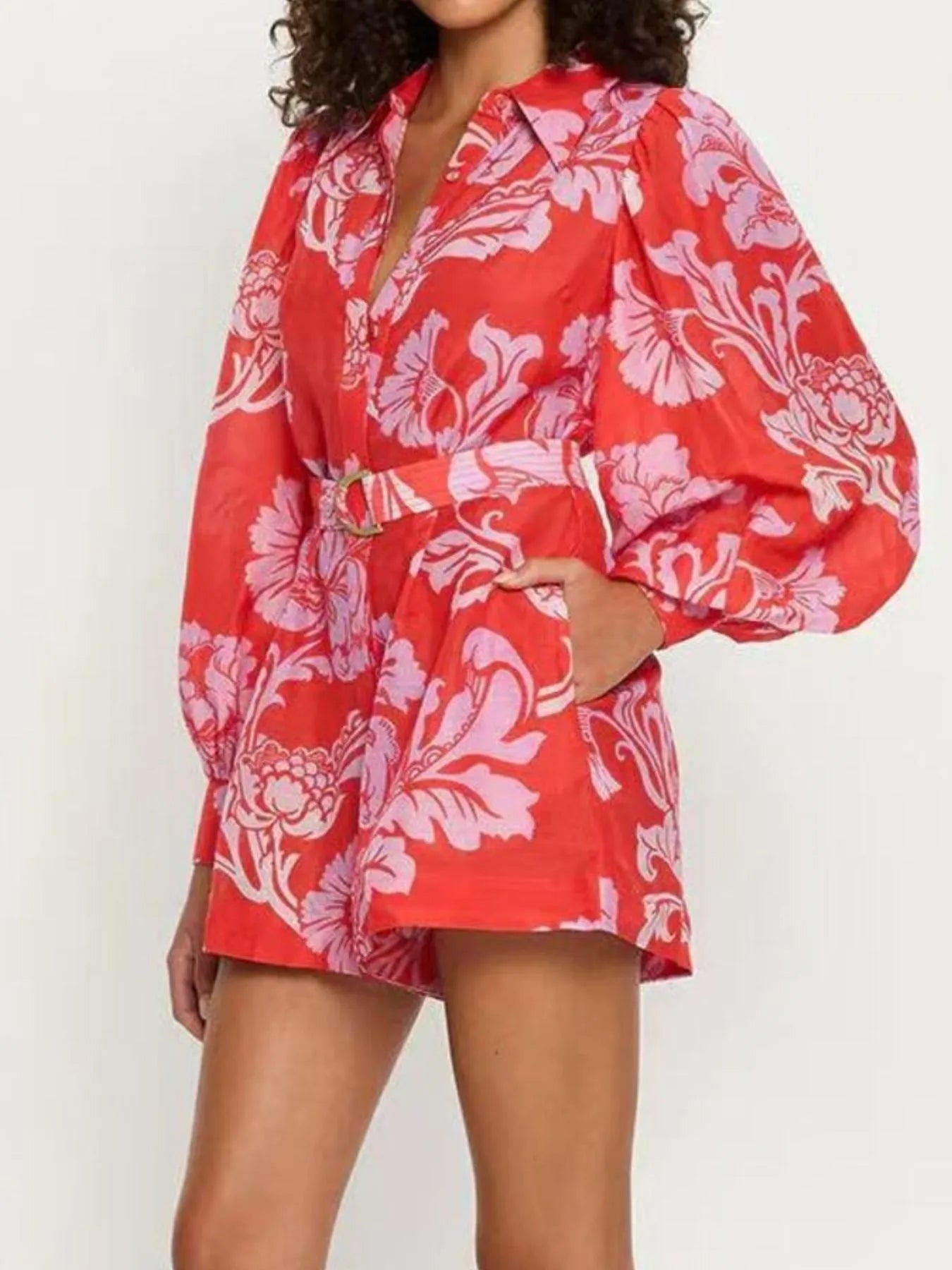 Printed Long Sleeve Belted Romper - Fashorio