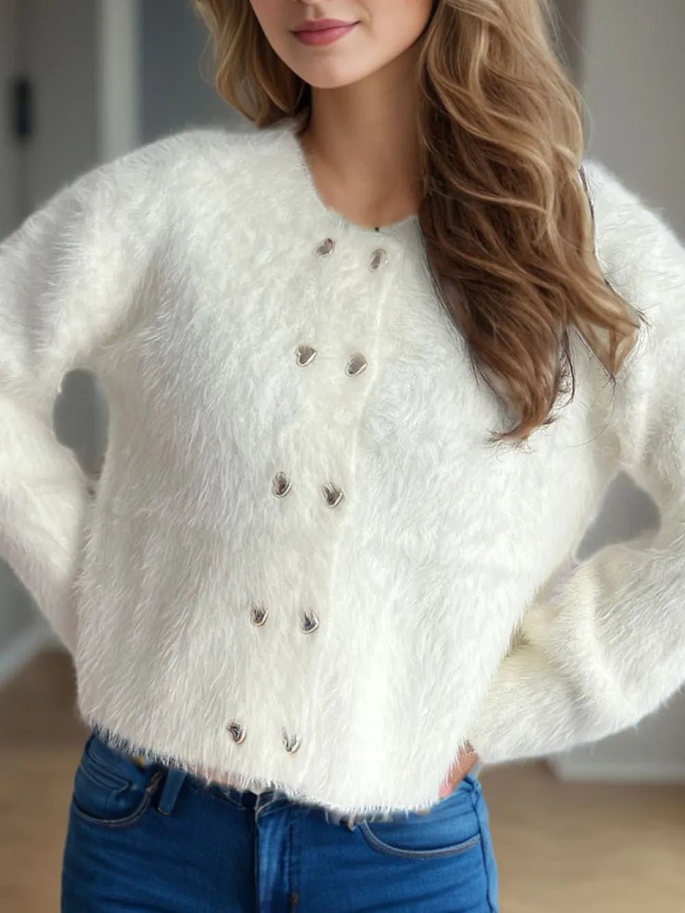 Heart Button Round Neck Cardigan - Fashorio