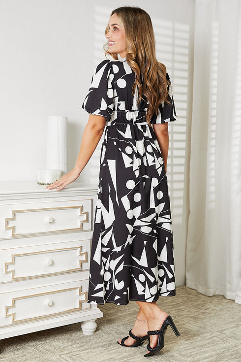 Printed Surplice Balloon Sleeve Dress - Fashorio