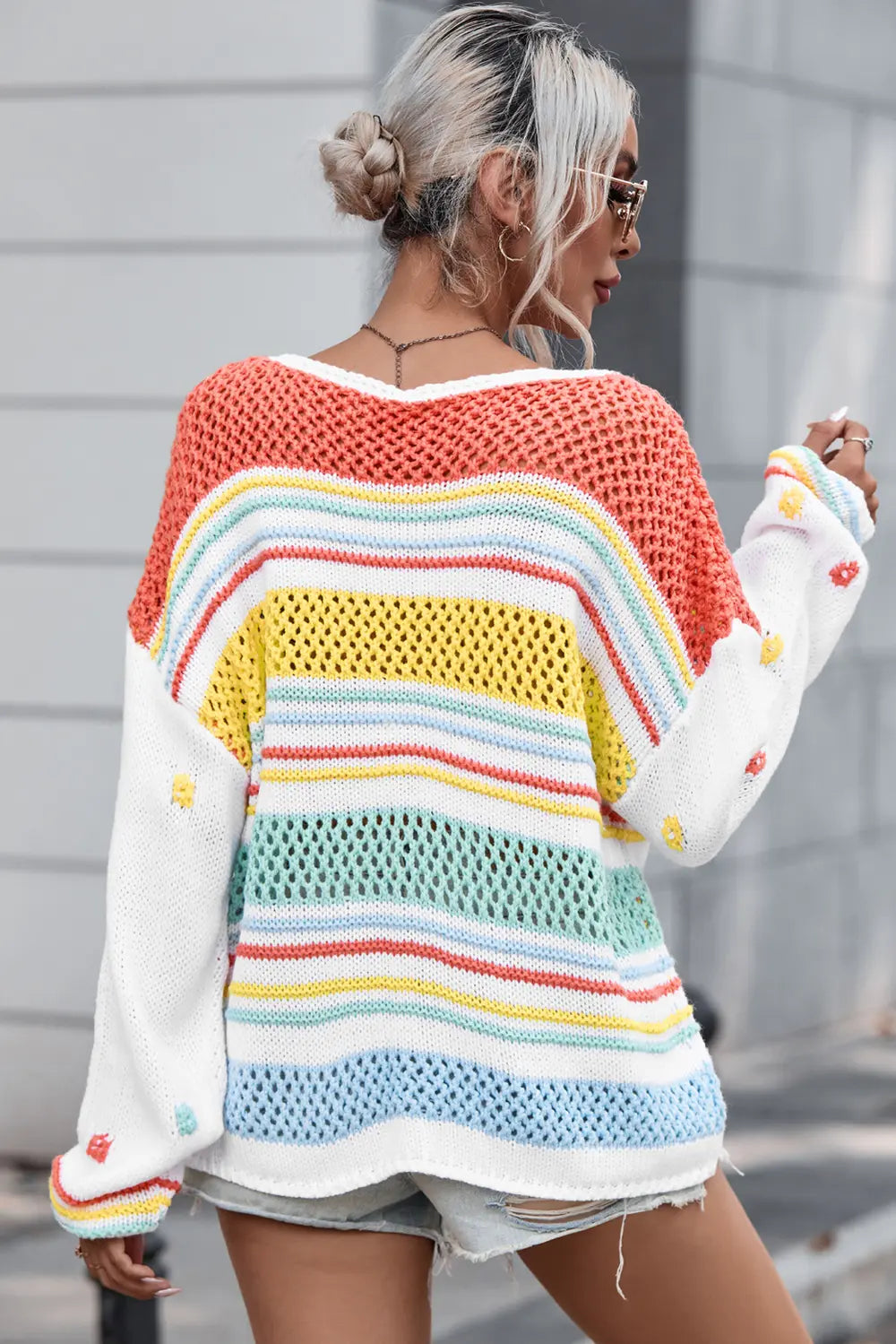 Openwork Striped Round Neck Long Sleeve Sweater - Fashorio