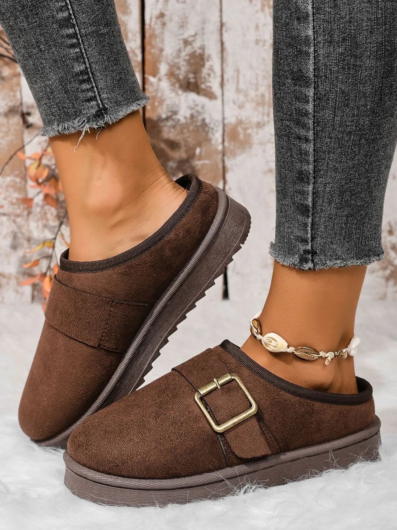 Cozy Buckle Suede Winter Slippers Brown - Fashorio