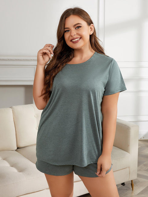 Plus Size Round Neck Short Sleeve Two-Piece Loungewear Set Sage - Fashorio