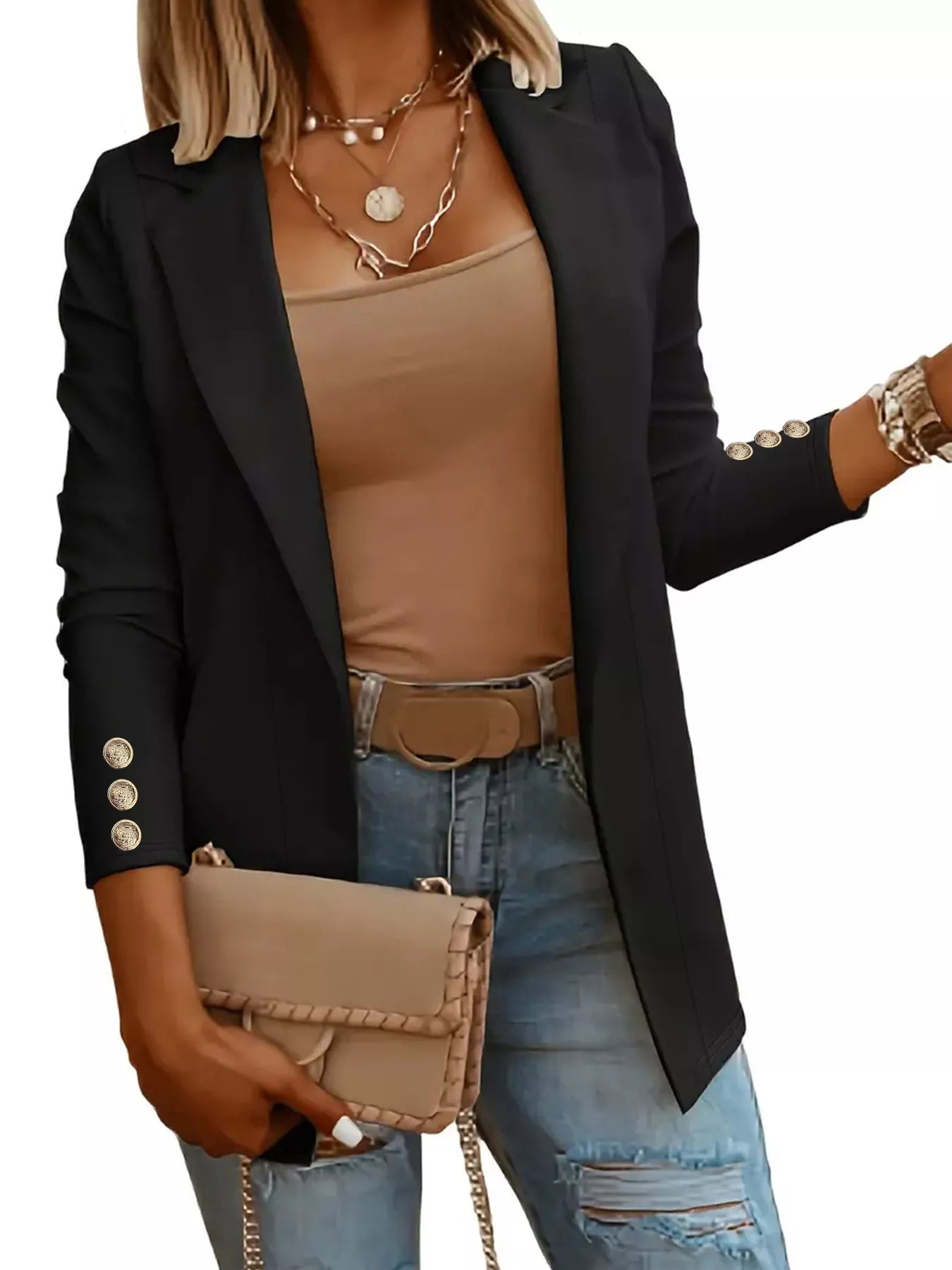 Open Front Lapel Collar Blazer - Fashorio