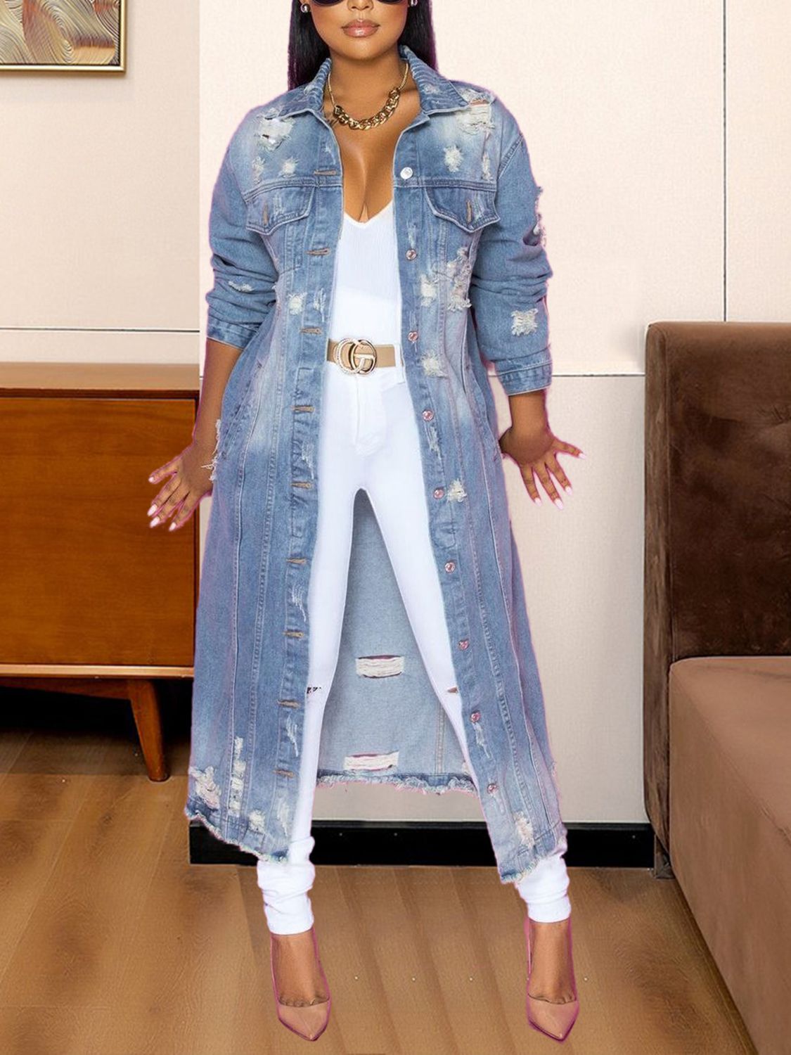 Long Sleeve Raw Hem Denim Jacket Light - Fashorio