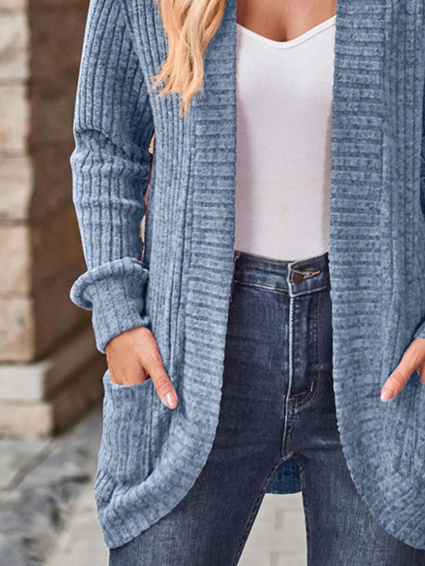Ribbed Knit Open Front Cardigan with Pockets - Fashorio