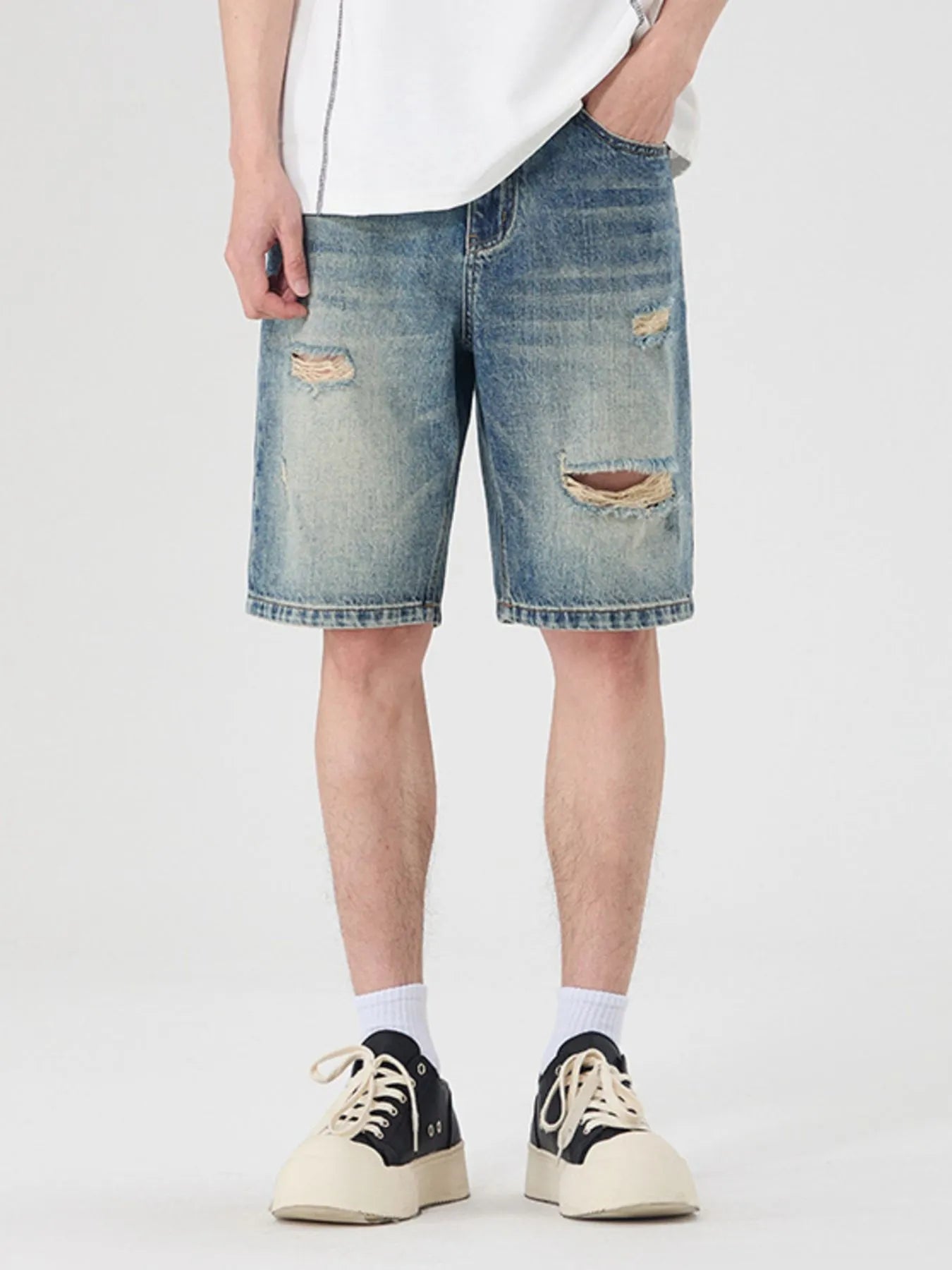 Men's Distressed Wide Leg Denim Shorts Light Blue - Fashorio